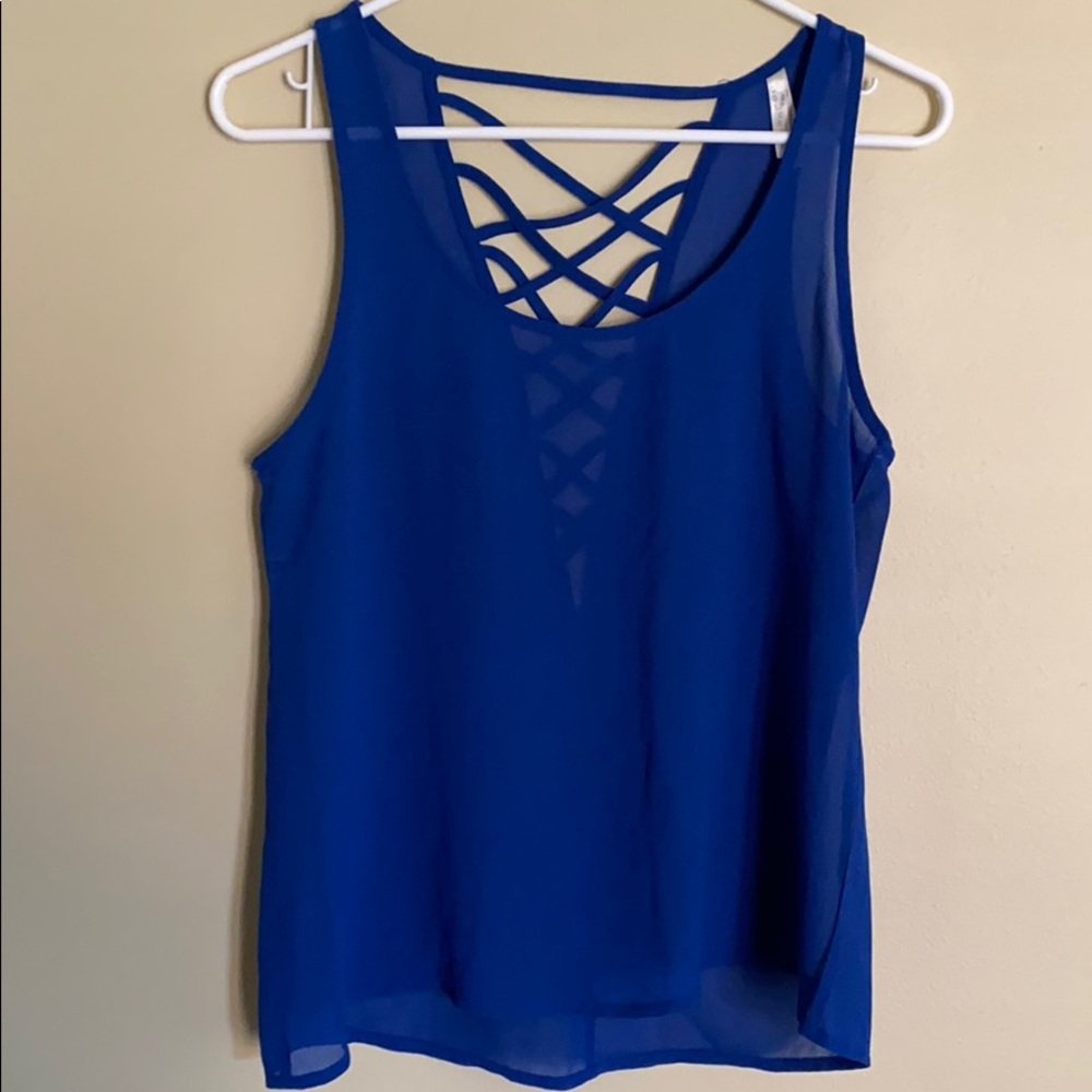 Gorgeous blue tank top with cross cross strap back